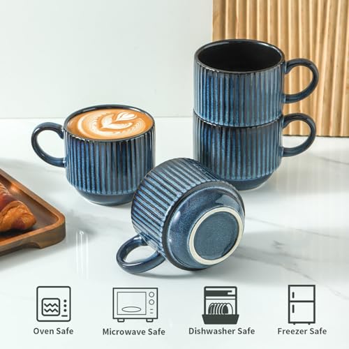 glowworm Coffee Mugs Set, Ceramic Coffee Cups Set of 4, 15 Oz Stackable Coffee Mugs with Rack, Mugs for Latte, Tea, Cappuccino, Microwave & Dishwasher Safe, Navy Blue