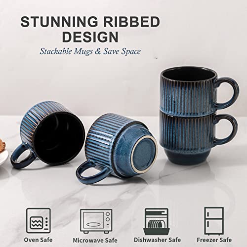 Hasense Navy Coffee Mugs Porcelain Set of 4 with Rack - 12 oz Stackable Coffee Cups Ceramic, Modern Ribbed Latte Cup Sets for Cappuccino, Tea, Espresso, Hot Cocoa, Drinks - Dishwasher & Microwave Safe