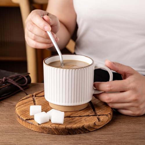 GBHOME 15OZ Stackable Coffee Mugs, Ceramic Coffee Mugs with Texture Patterns for Man,Woman,Dad,Mom, Modern Coffee Mugs Set of 4 for Latte/Cappuccino/Cocoa. Dishwasher&Microwave Safe, Off White