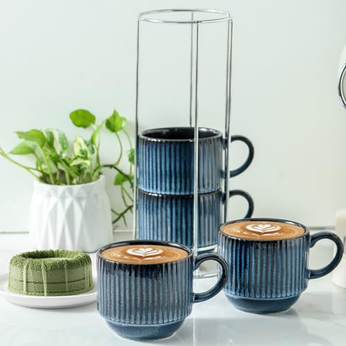 glowworm Coffee Mugs Set, Ceramic Coffee Cups Set of 4, 15 Oz Stackable Coffee Mugs with Rack, Mugs for Latte, Tea, Cappuccino, Microwave & Dishwasher Safe, Navy Blue