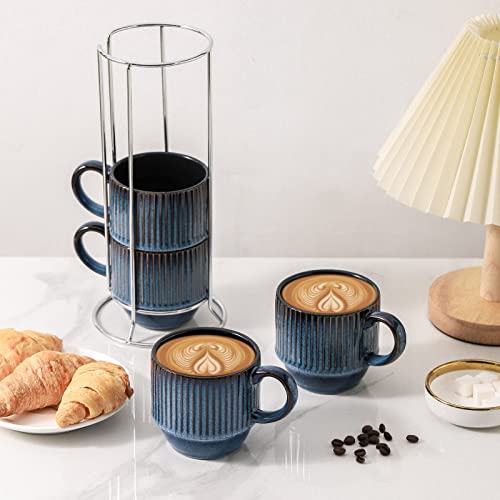 Hasense Navy Coffee Mugs Porcelain Set of 4 with Rack - 12 oz Stackable Coffee Cups Ceramic, Modern Ribbed Latte Cup Sets for Cappuccino, Tea, Espresso, Hot Cocoa, Drinks - Dishwasher & Microwave Safe