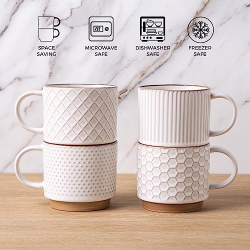 GBHOME 15OZ Stackable Coffee Mugs, Ceramic Coffee Mugs with Texture Patterns for Man,Woman,Dad,Mom, Modern Coffee Mugs Set of 4 for Latte/Cappuccino/Cocoa. Dishwasher&Microwave Safe, Off White