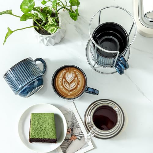 glowworm Coffee Mugs Set, Ceramic Coffee Cups Set of 4, 15 Oz Stackable Coffee Mugs with Rack, Mugs for Latte, Tea, Cappuccino, Microwave & Dishwasher Safe, Navy Blue