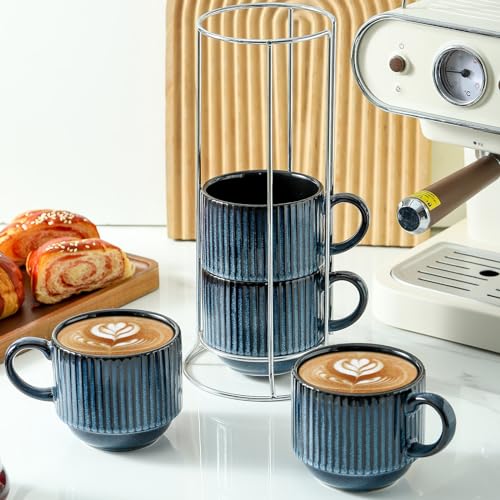 glowworm Coffee Mugs Set, Ceramic Coffee Cups Set of 4, 15 Oz Stackable Coffee Mugs with Rack, Mugs for Latte, Tea, Cappuccino, Microwave & Dishwasher Safe, Navy Blue