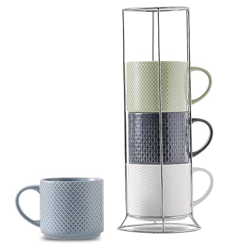 Tikooere Stackable Coffee Mugs with Stand, 15 Ounce Ceramic Embossed Mugs Set of 4 for Coffee, Latte, Tea, Cute Porcelain Cups for Christmas Gift, Dishwasher & Microwave Safe, Multi Color