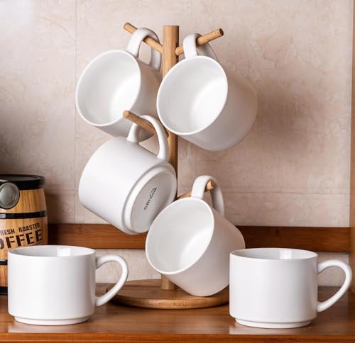 GBHOME 14 OZ Coffee Mugs Set of 6, Stackable Ceramic Mugs for Men, Women, Modern Coffee Mugs With Stable Base for Latte, Tea, Cappuccino. Dishwasher & Microwave Safe, Matte White