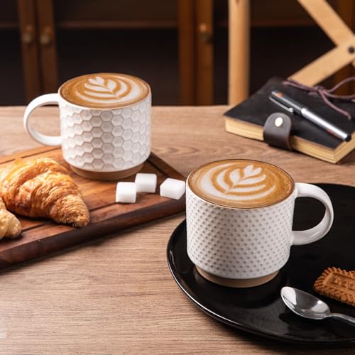 GBHOME 15OZ Stackable Coffee Mugs, Ceramic Coffee Mugs with Texture Patterns for Man,Woman,Dad,Mom, Modern Coffee Mugs Set of 4 for Latte/Cappuccino/Cocoa. Dishwasher&Microwave Safe, Off White
