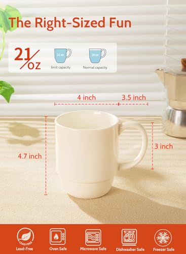 Sweese 21 Oz Large Coffee Mug, Porcelain Stackable Coffee Mugs Sets of 6, Coffee Cups with Handle for Coffee, Tea and Mulled Drinks, White
