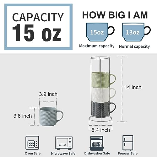 Tikooere Stackable Coffee Mugs with Stand, 15 Ounce Ceramic Embossed Mugs Set of 4 for Coffee, Latte, Tea, Cute Porcelain Cups for Christmas Gift, Dishwasher & Microwave Safe, Multi Color