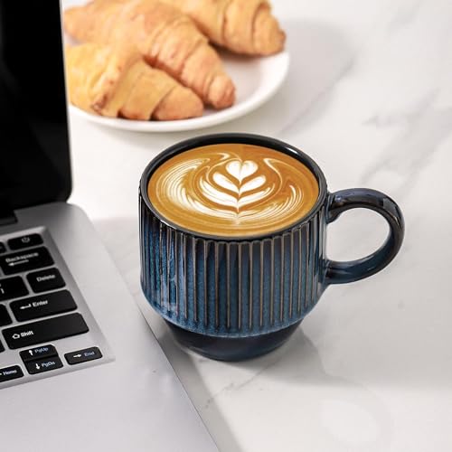 glowworm Coffee Mugs Set, Ceramic Coffee Cups Set of 4, 15 Oz Stackable Coffee Mugs with Rack, Mugs for Latte, Tea, Cappuccino, Microwave & Dishwasher Safe, Navy Blue