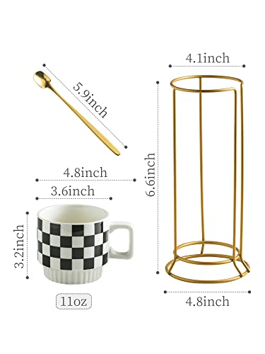 Miamolo Stackable Coffee Mug Set of 4 with Rack 11 oz Tea Cup Set with Little Spoon for Coffee Tea Cocoa Milk, Checkered Black and White Pattern Coffee Mug for Housewarming Gift