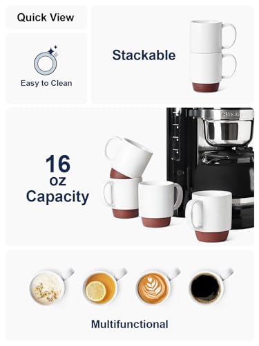 LE TAUCI Coffee Mugs, 16oz Ceramic Coffee Mugs Set of 4, Stackable Coffee Mug Sets, Easy Grip Microwave Safe Coffee Cup Sets, White