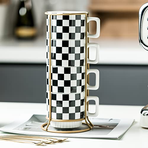 Miamolo Stackable Coffee Mug Set of 4 with Rack 11 oz Tea Cup Set with Little Spoon for Coffee Tea Cocoa Milk, Checkered Black and White Pattern Coffee Mug for Housewarming Gift