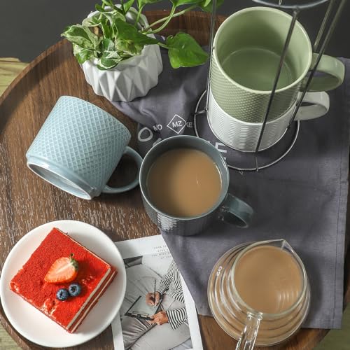 Tikooere Stackable Coffee Mugs with Stand, 15 Ounce Ceramic Embossed Mugs Set of 4 for Coffee, Latte, Tea, Cute Porcelain Cups for Christmas Gift, Dishwasher & Microwave Safe, Multi Color