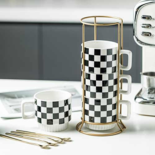 Miamolo Stackable Coffee Mug Set of 4 with Rack 11 oz Tea Cup Set with Little Spoon for Coffee Tea Cocoa Milk, Checkered Black and White Pattern Coffee Mug for Housewarming Gift