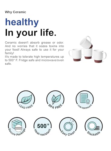 LE TAUCI Coffee Mugs, 16oz Ceramic Coffee Mugs Set of 4, Stackable Coffee Mug Sets, Easy Grip Microwave Safe Coffee Cup Sets, White