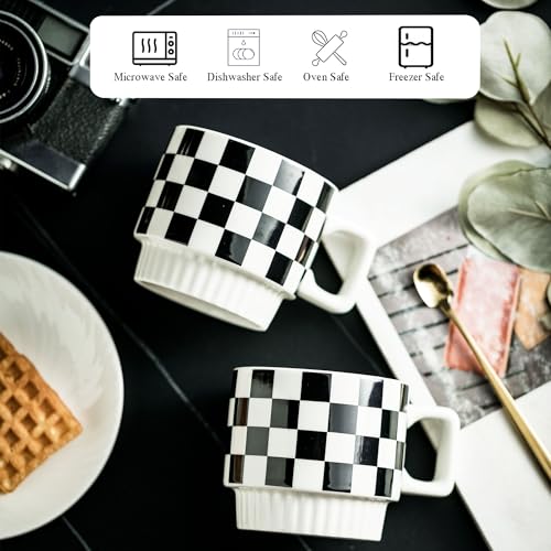 Miamolo Stackable Coffee Mug Set of 4 with Rack 11 oz Tea Cup Set with Little Spoon for Coffee Tea Cocoa Milk, Checkered Black and White Pattern Coffee Mug for Housewarming Gift