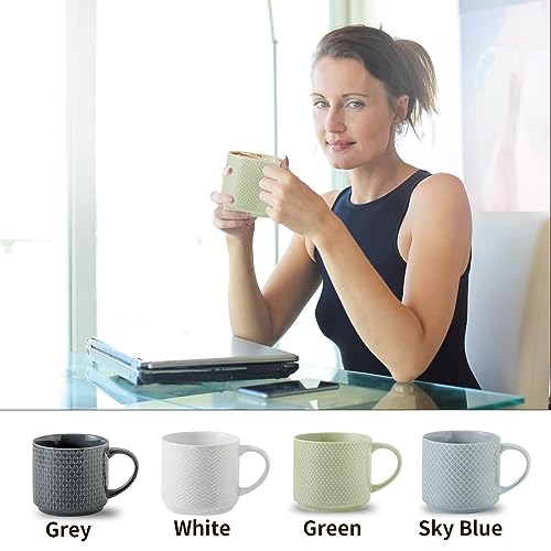 Tikooere Stackable Coffee Mugs with Stand, 15 Ounce Ceramic Embossed Mugs Set of 4 for Coffee, Latte, Tea, Cute Porcelain Cups for Christmas Gift, Dishwasher & Microwave Safe, Multi Color