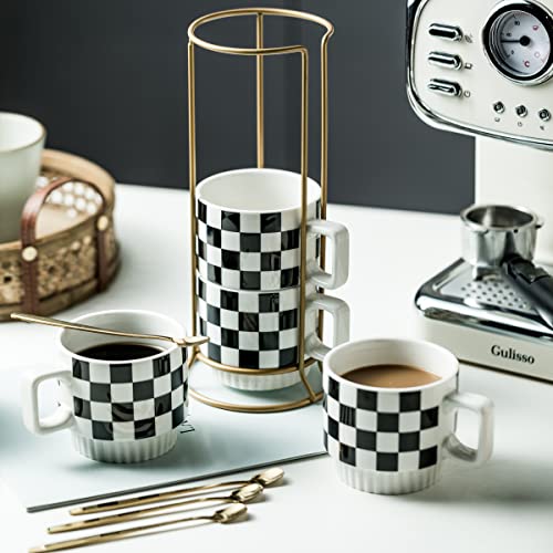 Miamolo Stackable Coffee Mug Set of 4 with Rack 11 oz Tea Cup Set with Little Spoon for Coffee Tea Cocoa Milk, Checkered Black and White Pattern Coffee Mug for Housewarming Gift