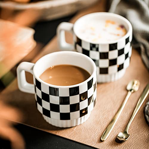 Miamolo Stackable Coffee Mug Set of 4 with Rack 11 oz Tea Cup Set with Little Spoon for Coffee Tea Cocoa Milk, Checkered Black and White Pattern Coffee Mug for Housewarming Gift