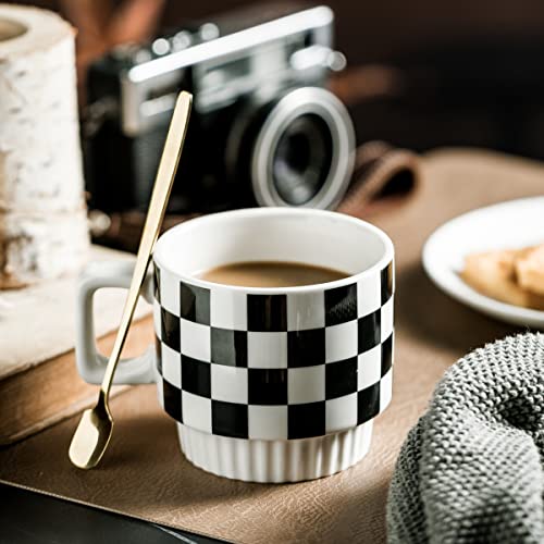 Miamolo Stackable Coffee Mug Set of 4 with Rack 11 oz Tea Cup Set with Little Spoon for Coffee Tea Cocoa Milk, Checkered Black and White Pattern Coffee Mug for Housewarming Gift