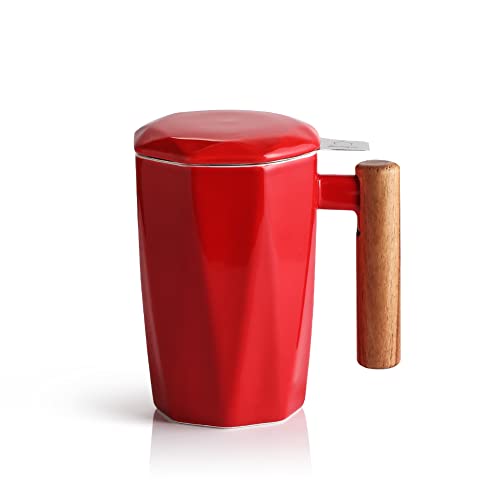 Sweejar Porcelain Tea Mug with Infuser and Lid, Wooden Handle, 17 Ounce, Geometric Shape Tea Cup for Steeping, Tea Lover, Gift, Home, Office (Red)