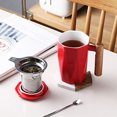 Sweejar Porcelain Tea Mug with Infuser and Lid, Wooden Handle, 17 Ounce, Geometric Shape Tea Cup for Steeping, Tea Lover, Gift, Home, Office (Red)
