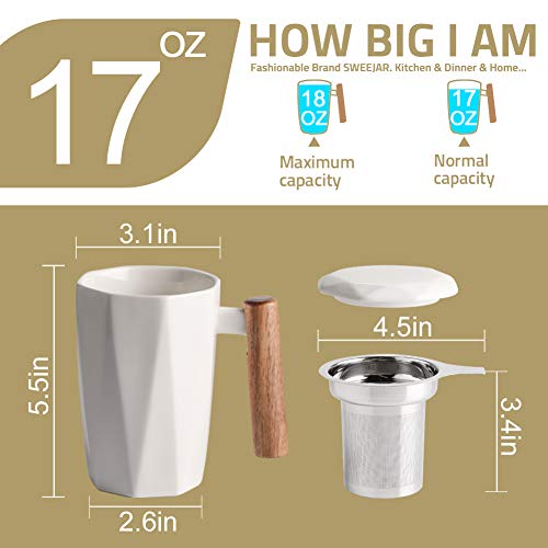 Sweejar Porcelain Tea Mug with Infuser and Lid, Wooden Handle, 17 Ounce, Geometric Shape Tea Cup for Steeping, Tea Lover, Gift, Home, Office (Red)