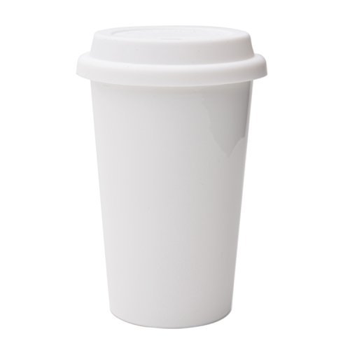 Insulated White Ceramic Travel Coffee Cup, 12 oz