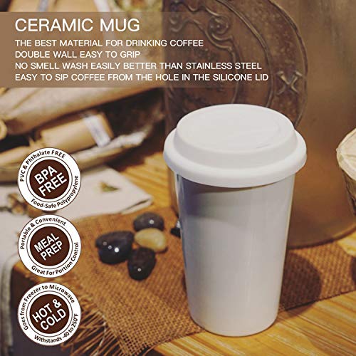 Insulated White Ceramic Travel Coffee Cup, 12 oz