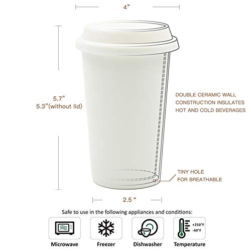 Insulated White Ceramic Travel Coffee Cup, 12 oz