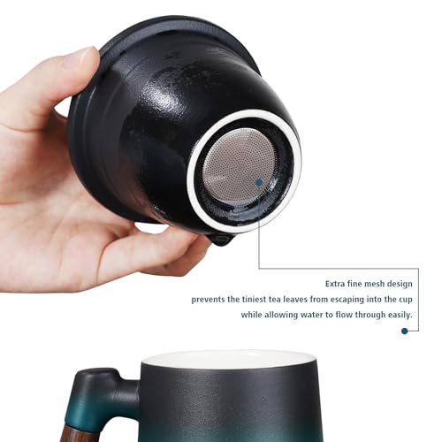 Ohtomber Tea Cup with Tea Infuser and lid for Loose Leaf Tea, 12oz Ceramic Tea Cup with Fine Mesh Tea Strainer, Wood Handle Loose Leaf Tea Steeper Coffee Mug, Tea Diffusers Filter Mug, Birthday Gifts