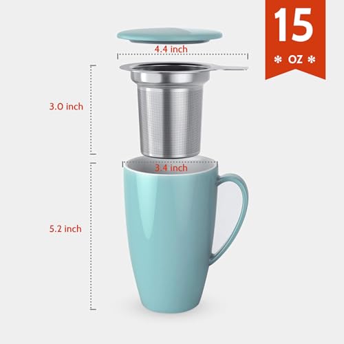 Sweese Tea Cup with Infuser and Lid, Microwave Safe Tea Mug with Handle - 15oz Ceramic Cup for Tea Warm and Hot Water - Quality Tea Infuser Cup for Tea Drinker