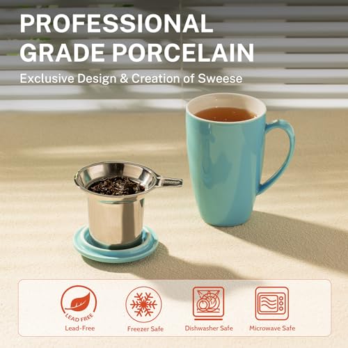 Sweese Tea Cup with Infuser and Lid, Microwave Safe Tea Mug with Handle - 15oz Ceramic Cup for Tea Warm and Hot Water - Quality Tea Infuser Cup for Tea Drinker