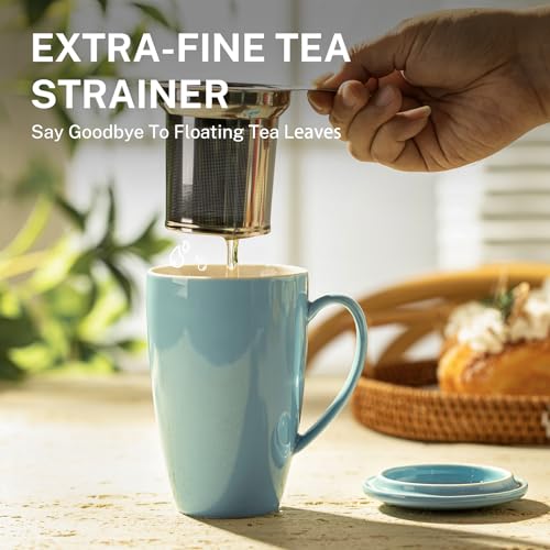 Sweese Tea Cup with Infuser and Lid, Microwave Safe Tea Mug with Handle - 15oz Ceramic Cup for Tea Warm and Hot Water - Quality Tea Infuser Cup for Tea Drinker