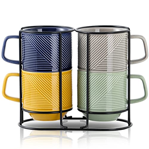 Colorful Stackable Ceramic Coffee Mugs Set: 4 Cups