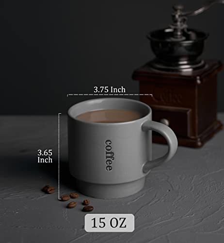 LAUCHUH Stackable Coffee Mug Set with Rack - 15 Ounce Porcelain Coffee Mugs for Coffee, Tea, Cocoa, Milk, Mug Set of 4, Father's Day Gifts, Grey