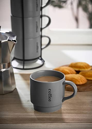 LAUCHUH Stackable Coffee Mug Set with Rack - 15 Ounce Porcelain Coffee Mugs for Coffee, Tea, Cocoa, Milk, Mug Set of 4, Father's Day Gifts, Grey