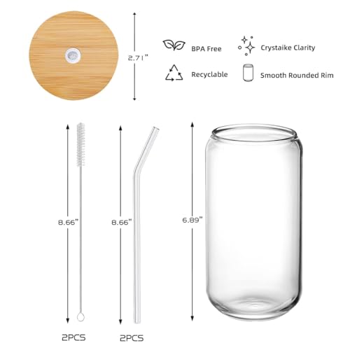 16oz Glass Coffee Cup with Lids and Straws