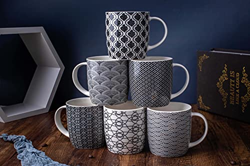 MACHUMA Set of 6 11.5 oz Coffee Mugs with Black and White Geometric Patterns, Ceramic Tea Cup Set
