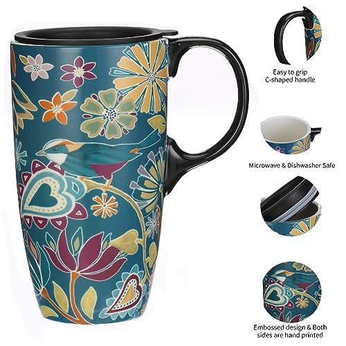 Topadorn Coffee Ceramic Mug Porcelain Latte Tea Cup With Lid 17oz. Floral Symphony, Green Bird
