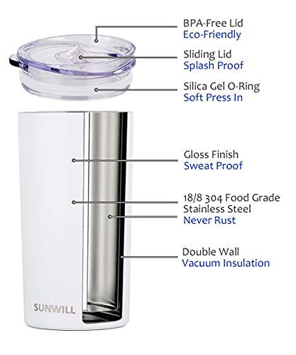 SUNWILL Double Wall Coffee Cup, Insulated Coffee Mug Stainless Steel Slim Travel Tumbler Mini 12oz, White