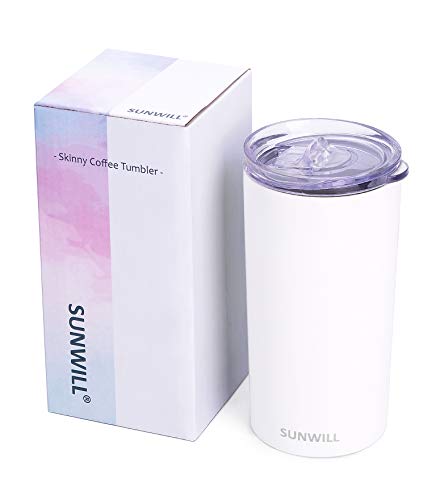 SUNWILL Double Wall Coffee Cup, Insulated Coffee Mug Stainless Steel Slim Travel Tumbler Mini 12oz, White