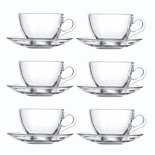GURUDAR Glass Teacup and Saucer Set, 6 Pack
