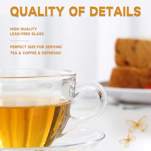 GURUDAR Glass Teacup and Saucer Set, 6 Pack