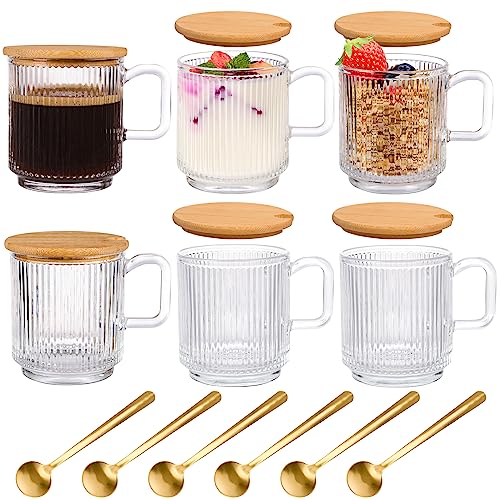 Moretoes 12oz Vintage Coffee Mugs, 6pcs Coffee Glass Mugs, Classic Vertical Stripes Coffee Cups, Aesthetic Cups Cute Drinking Glasses, Iced Coffee Cup