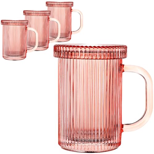 Lysenn Glass Coffee Mugs Set of 4 - Classic Vertical Stripe Tea Mug - Elegant Coffee Cup with Glass Lid for Latte, Espresso - Lovely Gift for Christmas, Anniversary and Birthday - 11 oz Rose Gold