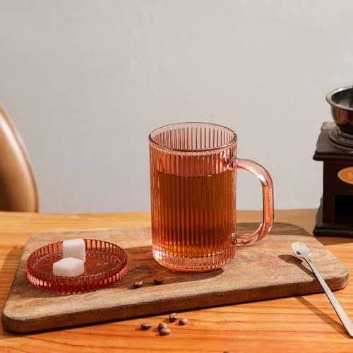 Lysenn Glass Coffee Mugs Set of 4 - Classic Vertical Stripe Tea Mug - Elegant Coffee Cup with Glass Lid for Latte, Espresso - Lovely Gift for Christmas, Anniversary and Birthday - 11 oz Rose Gold