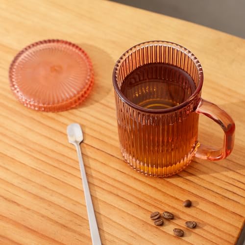 Lysenn Glass Coffee Mugs Set of 4 - Classic Vertical Stripe Tea Mug - Elegant Coffee Cup with Glass Lid for Latte, Espresso - Lovely Gift for Christmas, Anniversary and Birthday - 11 oz Rose Gold