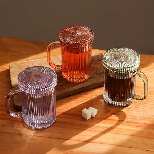 Lysenn Glass Coffee Mugs Set of 4 - Classic Vertical Stripe Tea Mug - Elegant Coffee Cup with Glass Lid for Latte, Espresso - Lovely Gift for Christmas, Anniversary and Birthday - 11 oz Rose Gold
